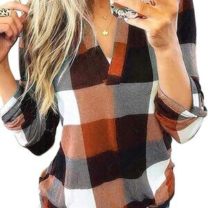 Womens Basic Casual V Neck Plaid Print Cuffed Long Sleeve Work Tops Blouses Shir